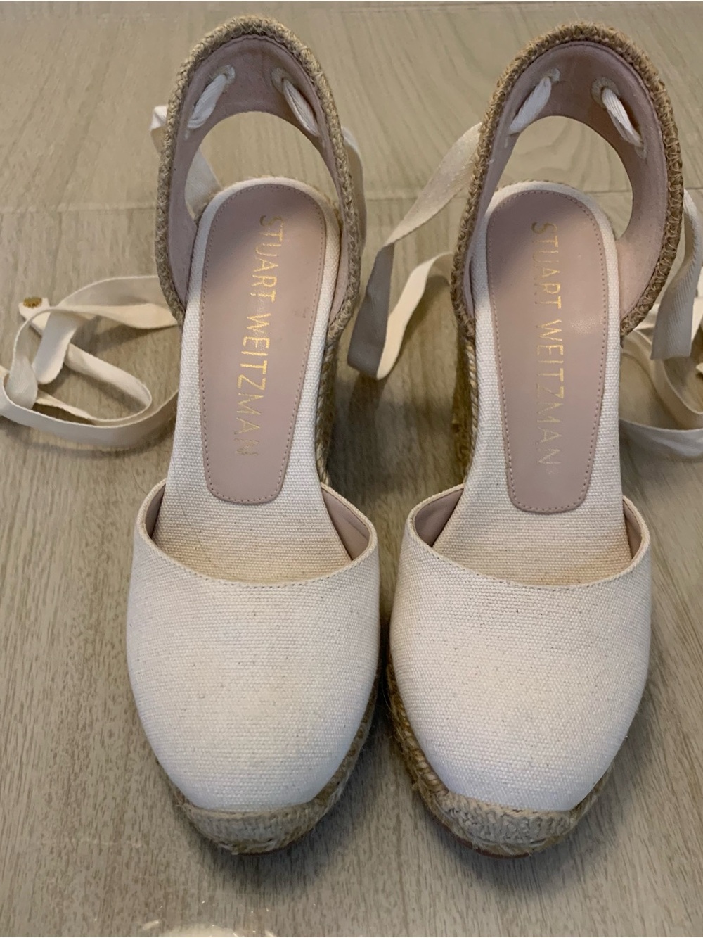 Stuart Weitzman Cream Canvas Espadrille Wedge with Wrap Ankle Ties NWOT - Picture 3 of 8